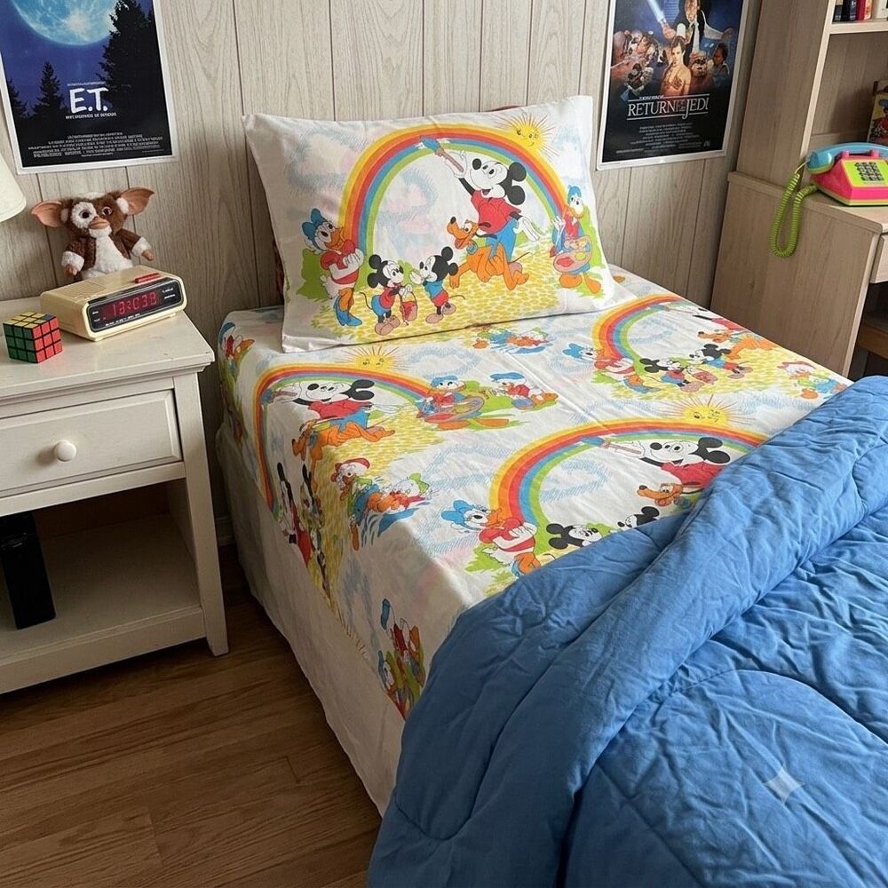 Vintage 80s Disney Mickey & Friends Bed Sheet Set Rainbow Twin Bedding Retro Kid